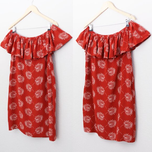 Madewell 100% Silk Palmflower Off The Shoulder Ruffle Mini Dress M $150 Rust - Picture 14 of 16
